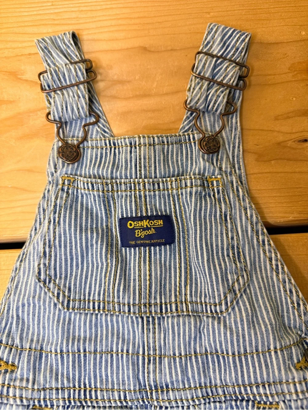 OshKosh B’gosh Railroad Stripe Shortalls Overalls Blue White 3T Toddler, worn